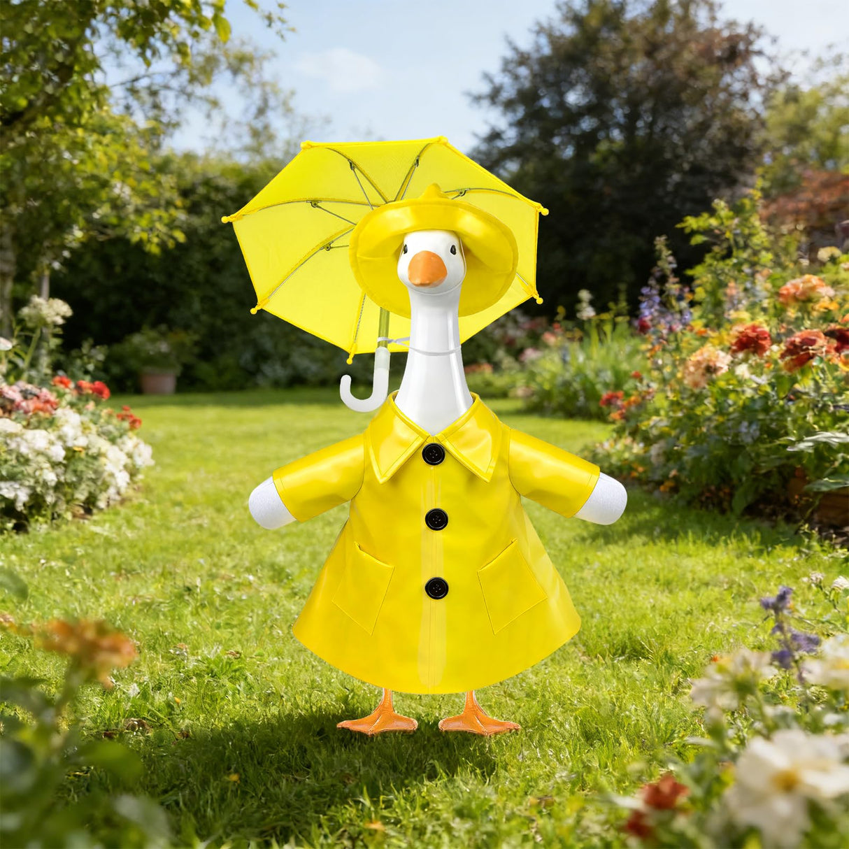 PaLuQiYa 3 Pcs/Set Raincoat Porch Goose Outfits, Summer Lawn Goose Statue Raincoat Costume, Yard Goose Clothes Raincoats Umbrella Hat Outfit for 23" Statue Patio Garden Decoration Yellow