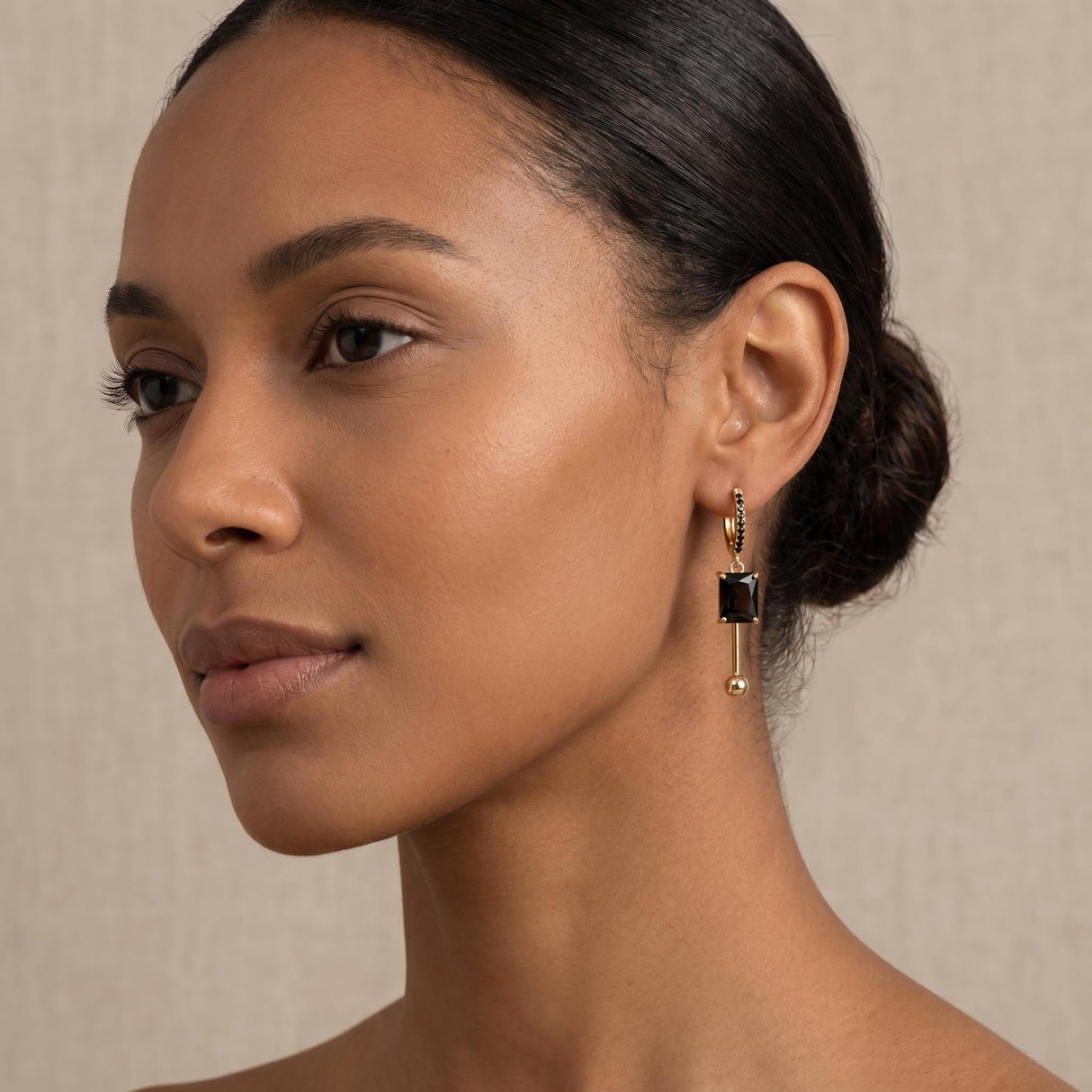 LisiZen 14K gold plated Black Zircon Dangle Earrings for Women – 2 Inch Rectangle Black Gold Drop Earrings, Minimalist Geometric Black Gold Earrings, Everyday Chic Black Gold Dangle Earrings