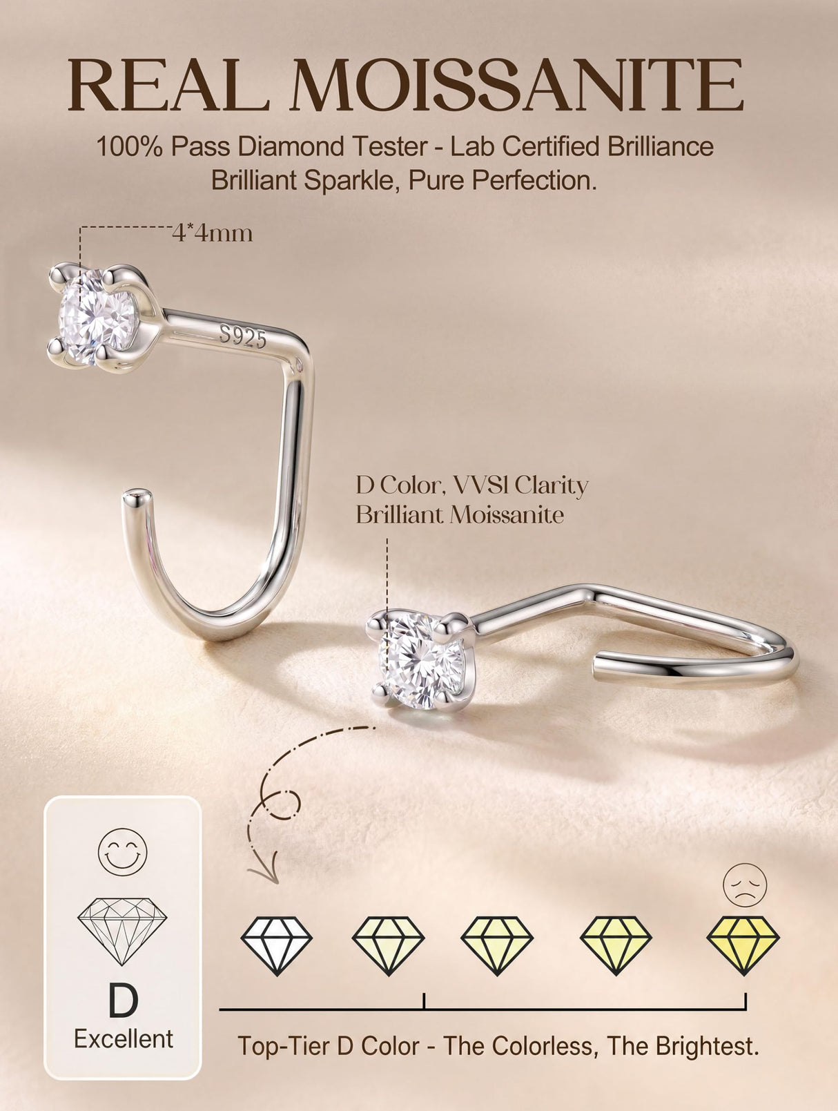 GEMQUEEN Moissanite Half Hoop Earrings, 925 Sterling Silver, 4mm