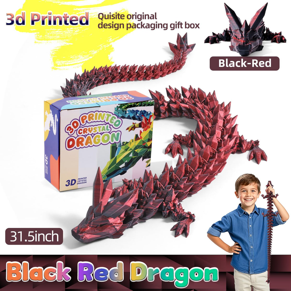 31.5 Large 3D Printed Dragon Bigger Fidget Animals Toys, Giant Flexible Articulated Fidget Toy, Huge 3D Printed Crystal Dragon Halloween Home Office Executive Desk Decor, Christmas 3D Print Toy 2025