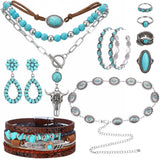 Zhamate 9 Pcs Western Jewelry Boho Turquoise Necklace Bracelet Ring Set