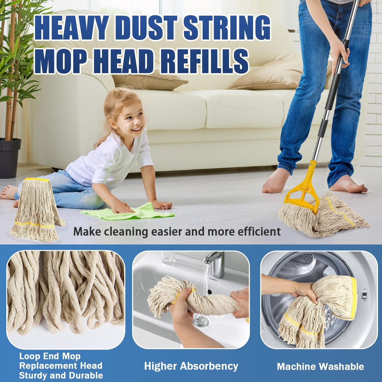 2 Pack 20ozCommercial Mop Heavy Duty Industril Cotton Mop, Cotton Commerical Industrial Grade Mop Replacements Heads for Home,mops for Floor Cleaning Heavy Duty,with 63'' Stainless Steel Mop Handle