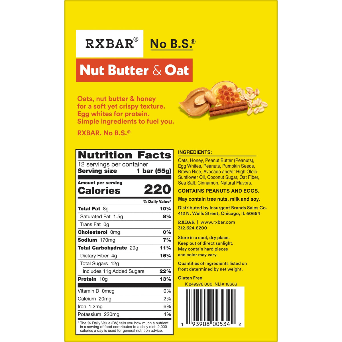 RXBAR Nut Butter and Oat Protein Bars, Protein Snacks, Snack Bars, Honey Cinnamon Peanut Butter, 23.2oz Box (12 Bars)