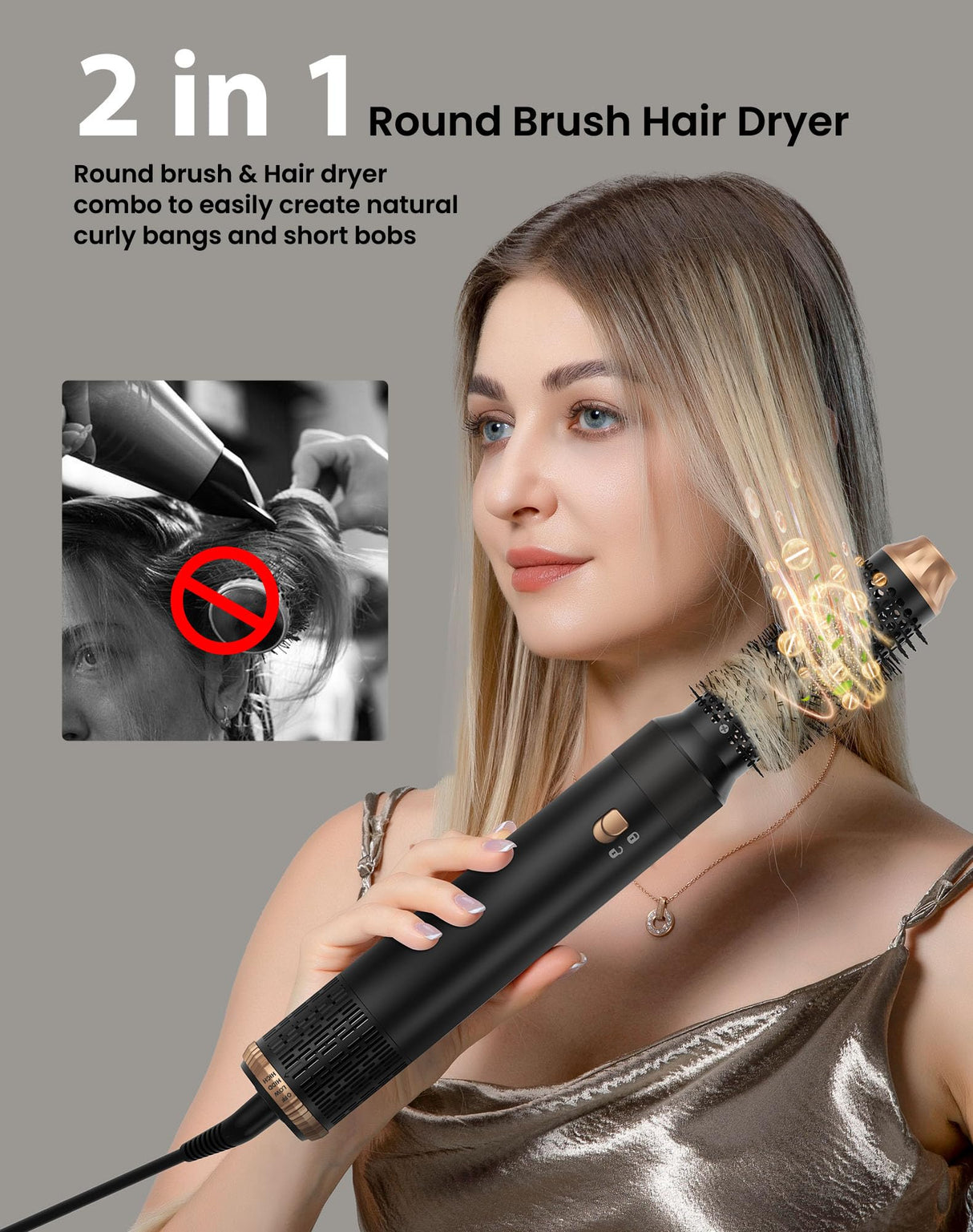 Hair Blow Dryer Brush Set 5 in 1, 1000w Negative Hot Air Styler Set, Compact Hair Dryer,Faster Drying, Shinier Hair,Temperature Portable, Lonic Blow Dryer Grey