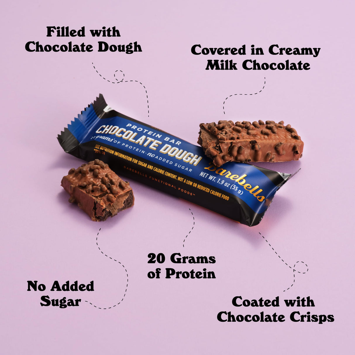 Barebells Protein Bars Chocolate Dough - 12 Count, 20g High Protein Treats - Chocolate Nutrition Bar with 1g Total Sugars - On-The-Go Breakfast or Post-Workout Snack