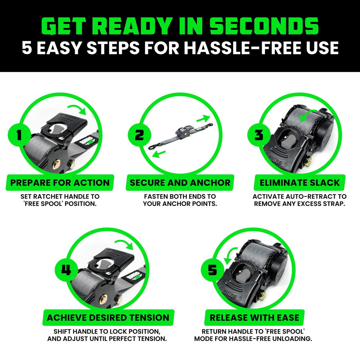 Rhino USA Retractable Ratchet Straps (2-Pack) - 2 Inch x 10 Feet (3,033lb Break Strength) - Heavy Duty Auto Self Retracting Tie Down Straps for Truck, Cargo Trailer, Motorcycle, Rad & More - Gray