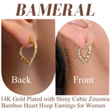 Heart Hoop Earrings for Women 14K Gold Plated Hypoallergenic Bamboo Cubic Zirconia Hoops Lightweight Heart Huggie Earrings for Women Jewelry Gift