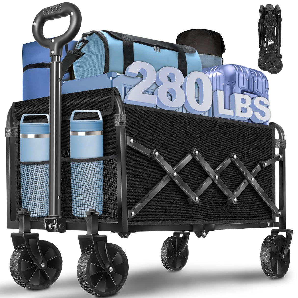 Wagons Carts Foldable, 280 Lbs with Adjustable Handle, Black Lightweight Portable, Collapsible Wagon for Beach Trip, Camping, Shopping, Sports, Travel, Picnic and Grocery (Dark Black)