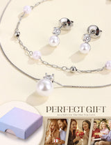 Kakonia Pearl Jewelry Set for Women Wedding, Dainty Silver Plated Bridal Necklace Pearl Drop Earrings Bracelet Set with Cubic Zirconia, Bridesmaid Prom Choker Wedding Bride Jewelry Pearls S