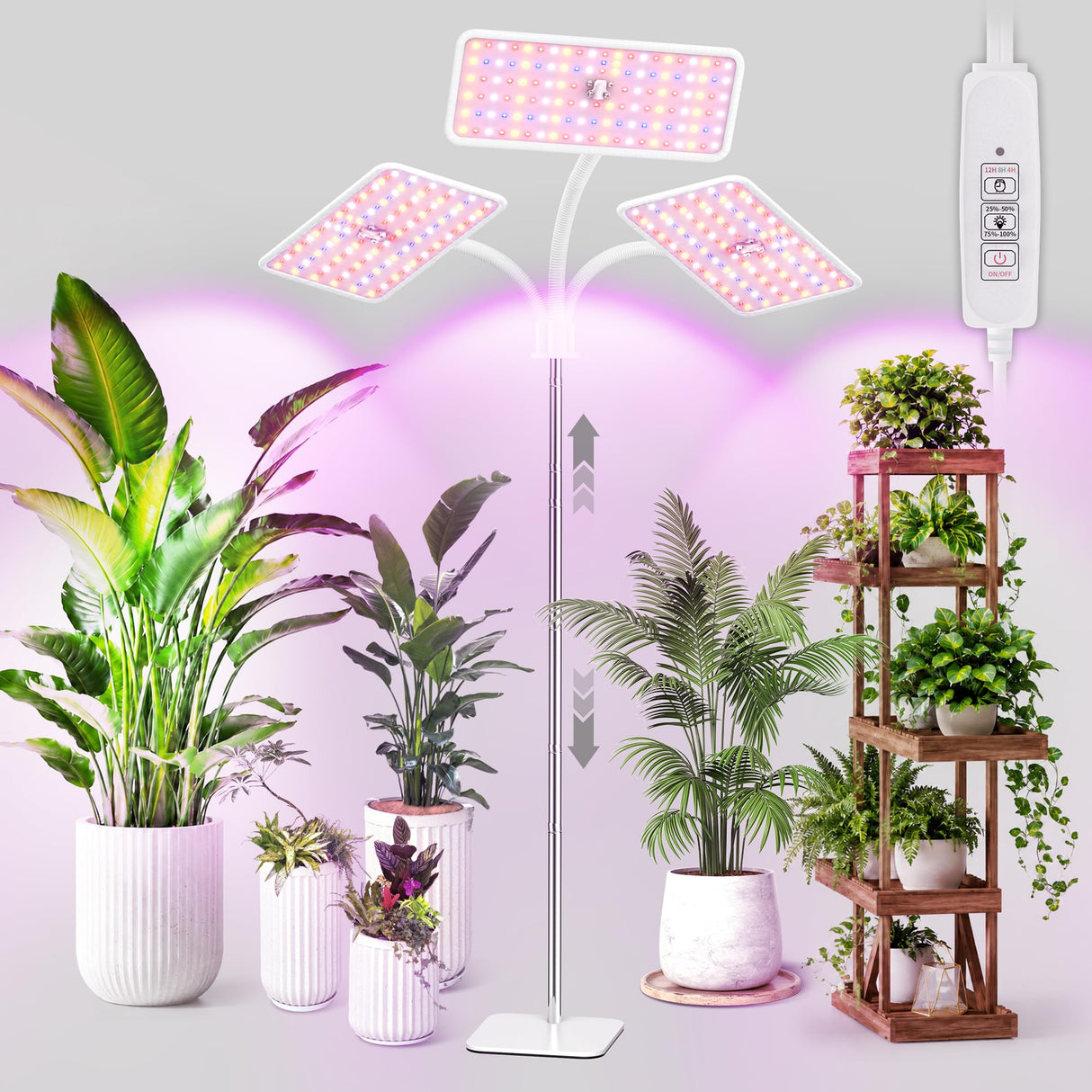 KINGPLUS Grow Lights with Stand, Three Heads, Full Spectrum LED Grow Light for Indoor Plants, 360 Leds, 4 Dimmable Levels, Timer 4/8/12h, 12-60inches Height Adjustable, 48w, Ideal for Desk Small Plant
