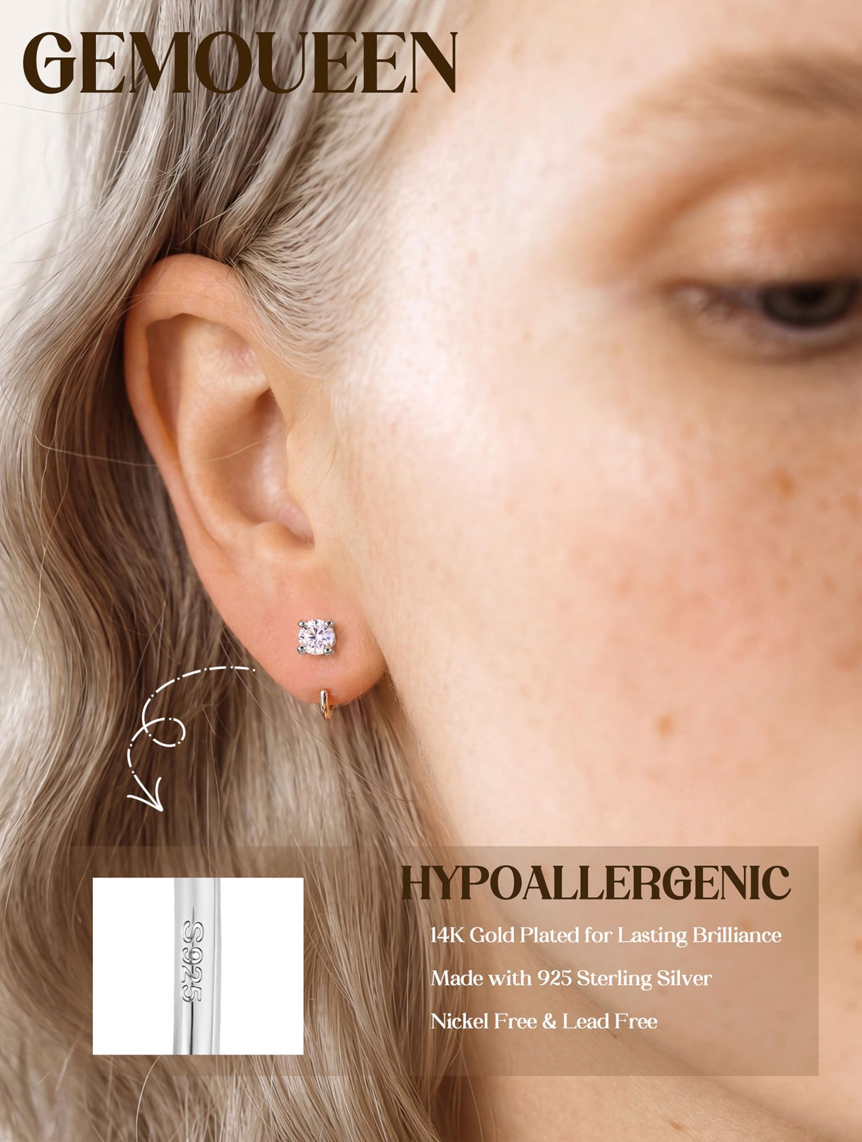 GEMQUEEN Moissanite Half Hoop Earrings, 925 Sterling Silver, 4mm