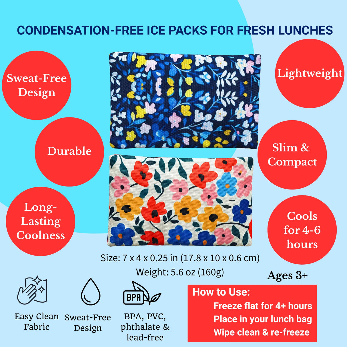 Yumbox Reusable Soft Ice Packs with Fabric Sleeve for Lunch Box and Cooler, Sweatproof, Pack of 2 Gel Ice Packs (Flowers)