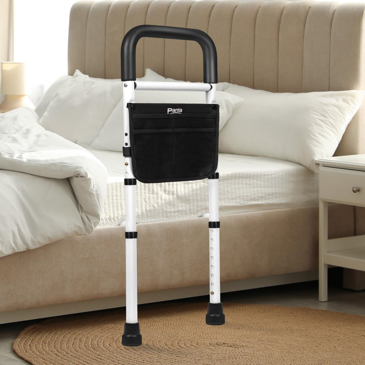 Bed Rails for Elderly Adults Safety, Adjustable Bed Assist Rails for Seniors, Bed Side Rails with Support Legs and Storage Pocket, Portable Bed Cane Fit King, Queen, Full, Twin Bed, Black
