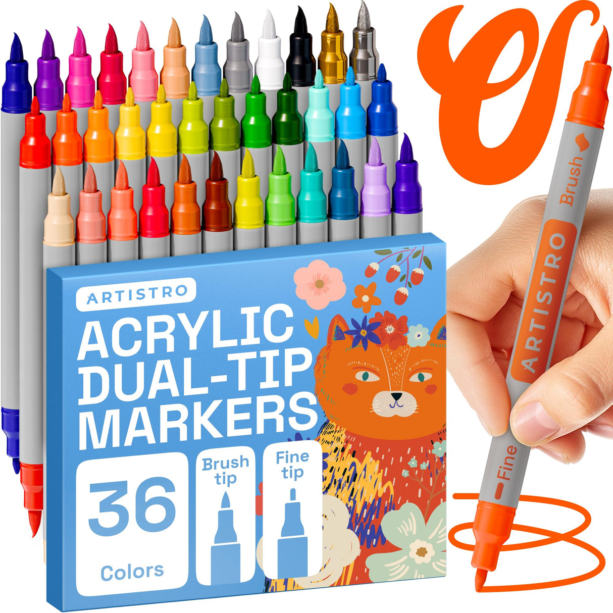ARTISTRO 36 Dual Tip Brush + Fine Acrylic Paint Markers - Easy for All Ages & Levels Paint Pens for Fabric, Rock, Glass, DIY - Halloween Pumpkin Painting Kit, Art Supplies, Christmas Gift