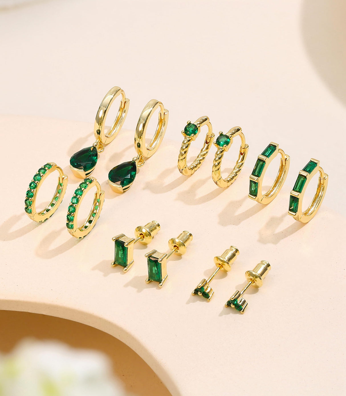 6 Pairs Emerald Green 14K Gold Plated Hoop Stud Earrings Stacks for Women