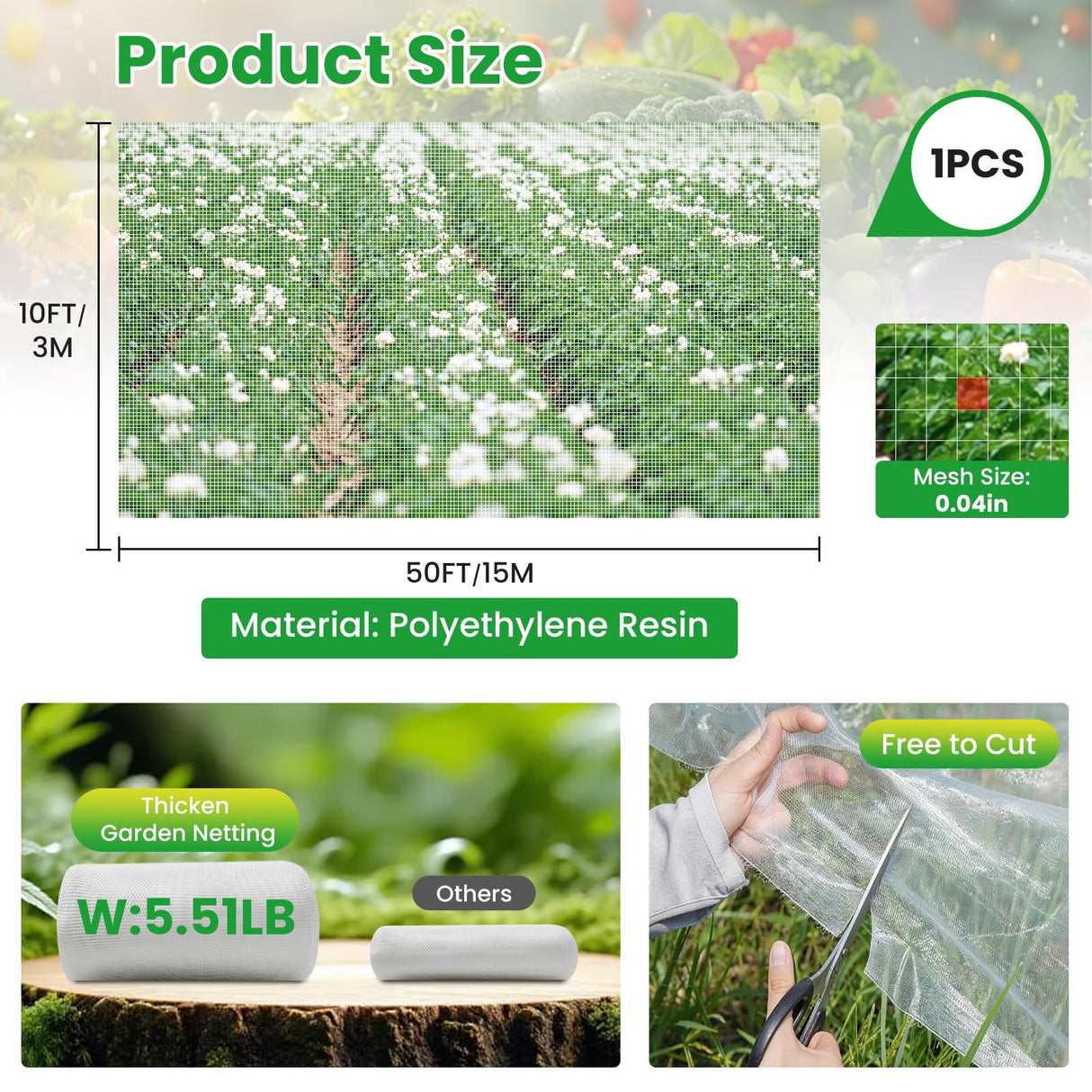 Garden Netting, 10x50Ft Thicken Ultra Fine Mesh Insect Netting, Garden Netting for Raised Beds, Greenhouse Row Cover Barrier for Birds Animals, Garden Mesh Netting for Vegetable Flowers Fruits