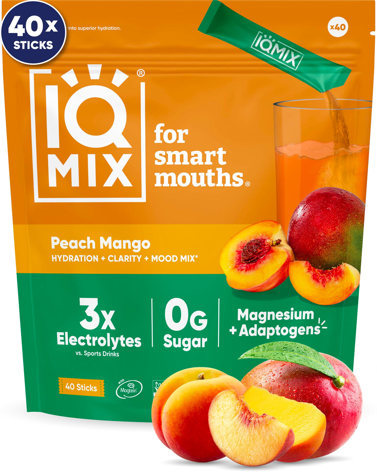 IQMIX Hydration Electrolyte Powder – 4-in-1 Formula for Hydration, Mental Clarity, Mood and Recovery – Sugar-Free Drink Mix, Keto, Magnesium L-Threonate, Lion’s Mane – 40 Count Peach Mango