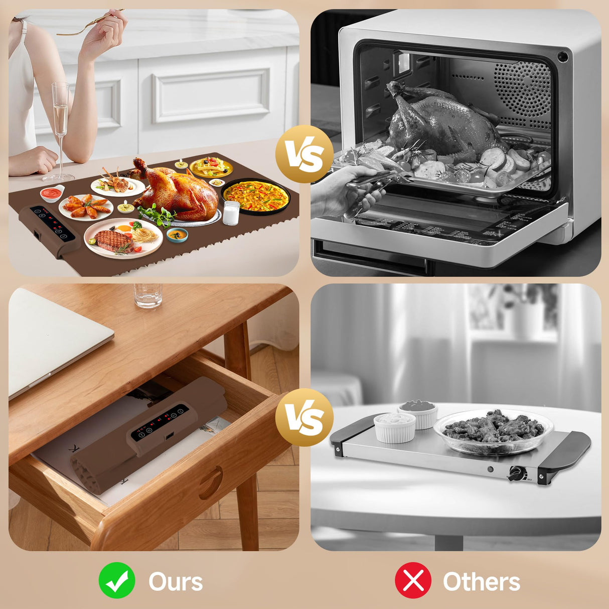 Warming Mat for Food-Electric Warming Tray with Time Moders Locking Function Adjustable Temperature Control Foldable Silicone Heating Tray for Parties, Restaurants, Buffet Brown