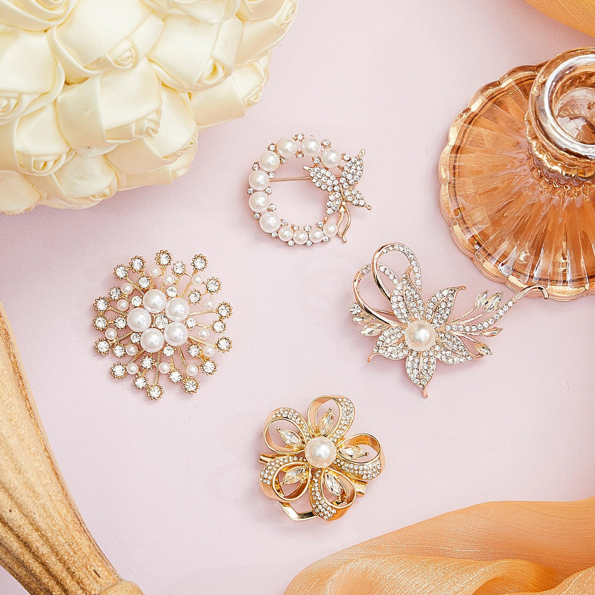 Ecally 8 Pcs Brooches and Pins for Women, Flower Crystal Pearl,Groovy