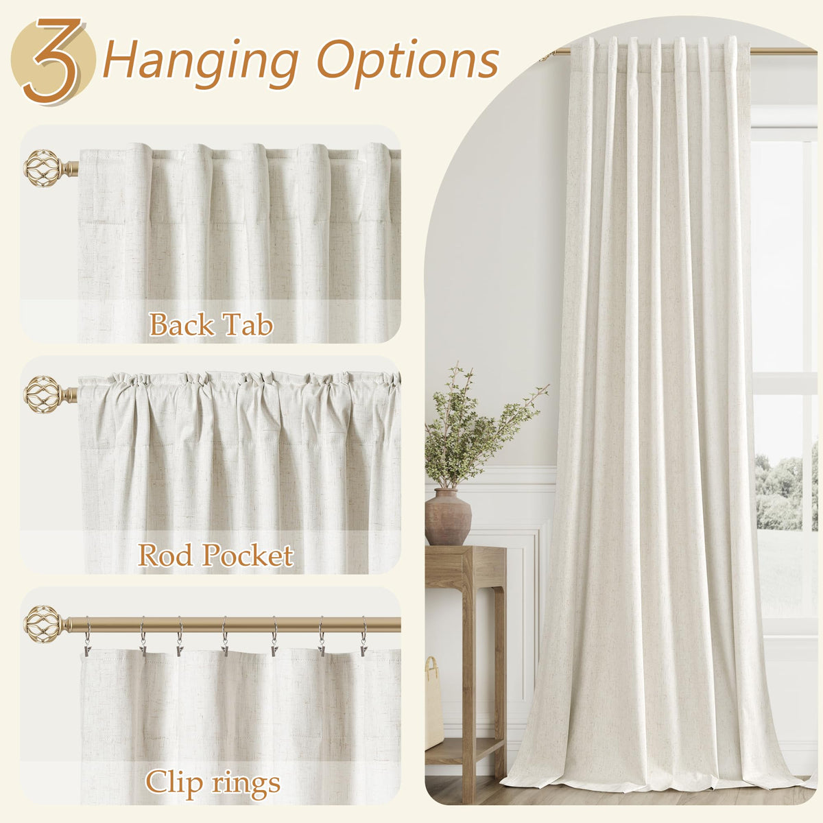 Guken 100% Blackout Linen Curtains 84 Inch Long for Bedroom 2 Panels Cream