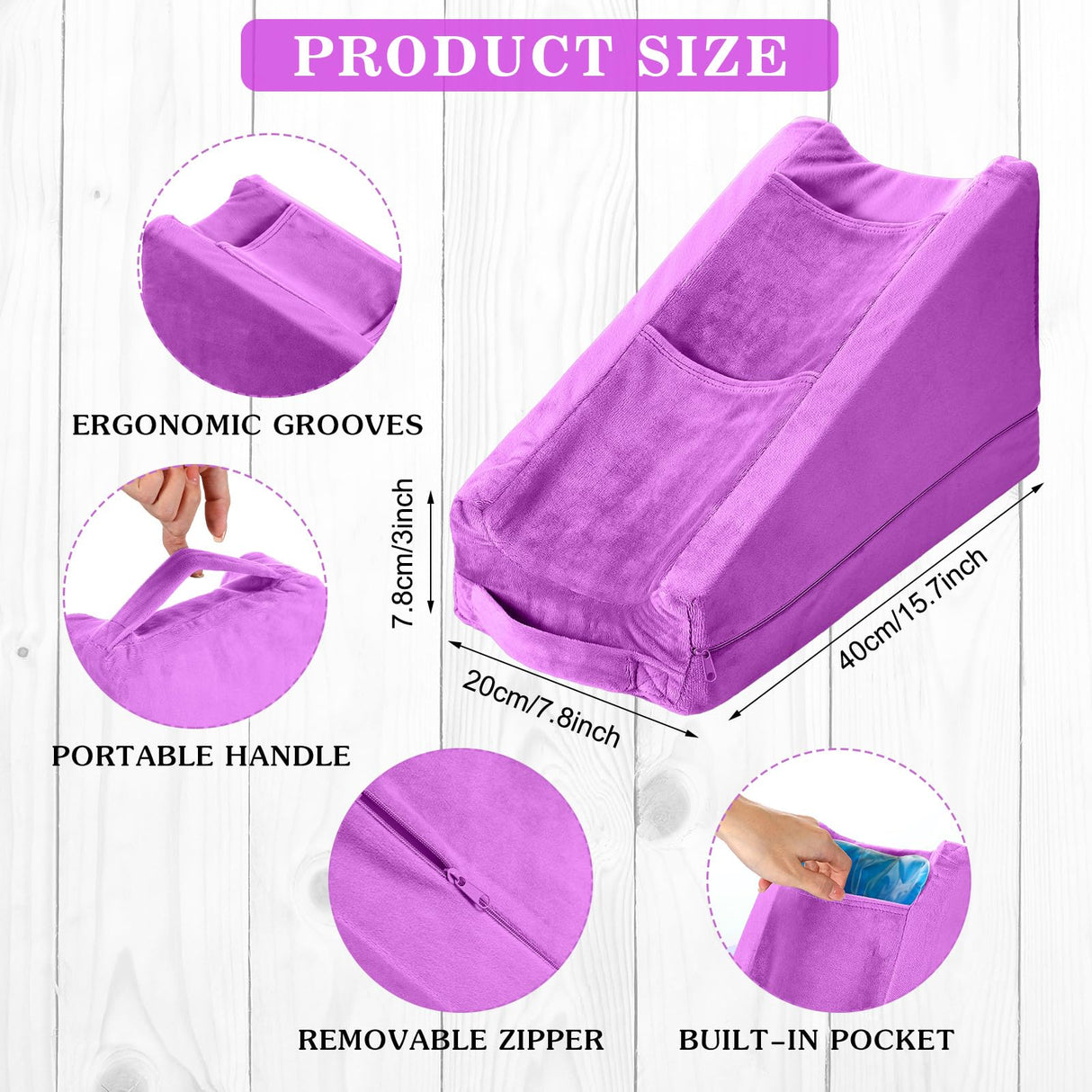 Buryeah Arm Elevation Pillow with 2 Pockets, Soft Ergonomic Support Pillow for Elbow Rest Wedge Broken Arm Gifts with High Density Foam for Recovery Sleeping(Violet)