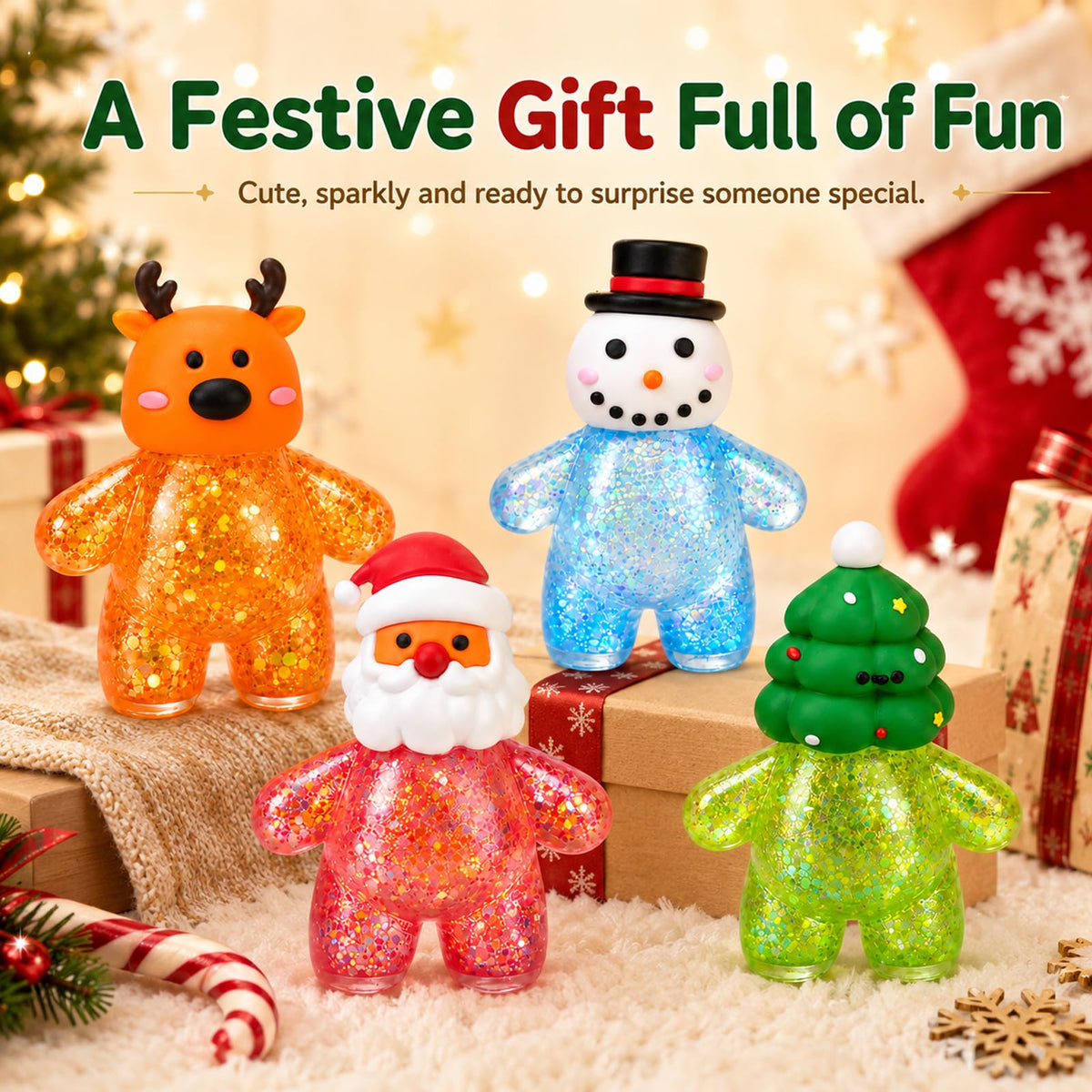 4Pcs Christmas Squishies Toy, Shiny Slow Rising Squeeze Squishy Toys with Soft Body, Fidget Stress Ball, Santa, Snowman,Reindeer,Christmas Tree, Stocking Stuffers, White Elephant Gift for Kids Teens