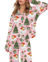 SHESHOW Satin Christmas Pjs Women Button Down 2 Piece Funny Graphic Santa Pink Christmas Pajamas for Women M