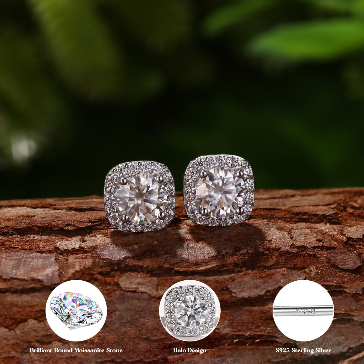 GEMQUEEN Moissanite Halo Earrings Studs 925 Sterling Silver, 2CTW