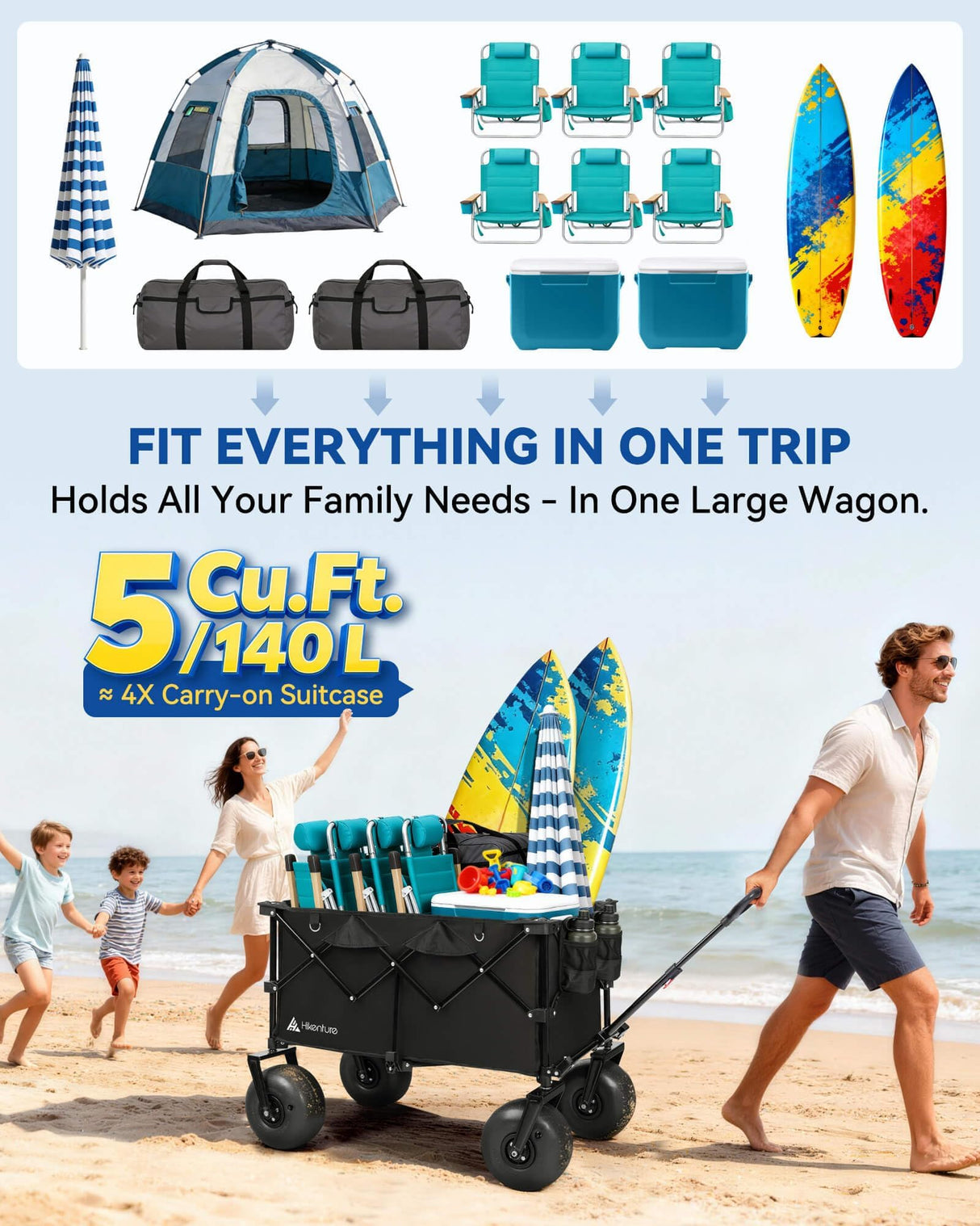 Hikenture Beach Wagon with Balloon Wheels, 9" PU Tires Collapsible Wagon