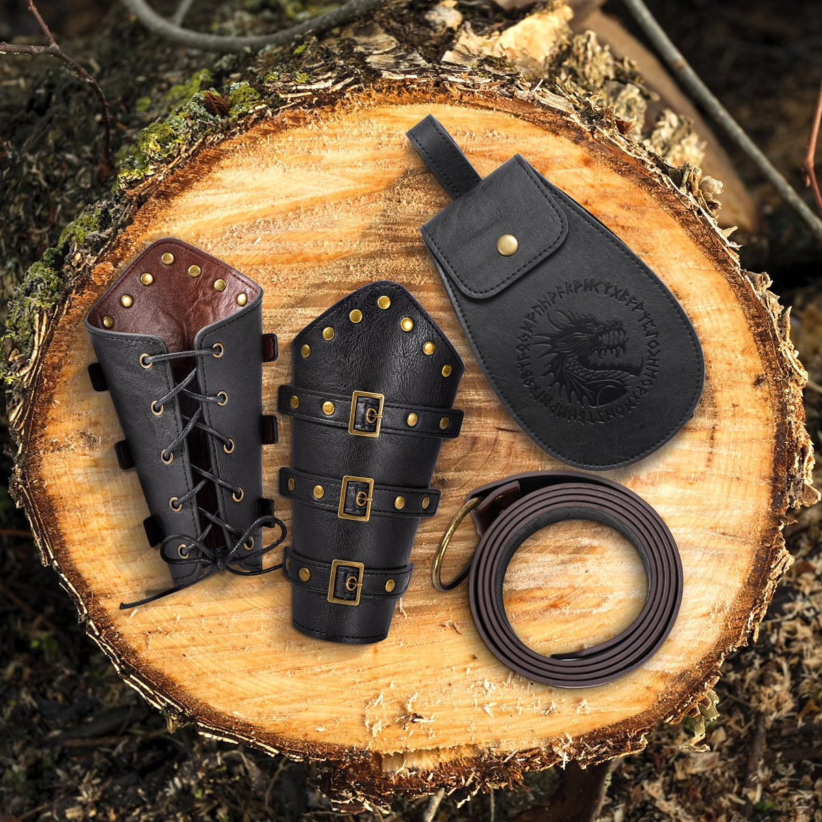 Berenlu Renaissance Accessories, Medieval Belt & Faux Leather Bracers