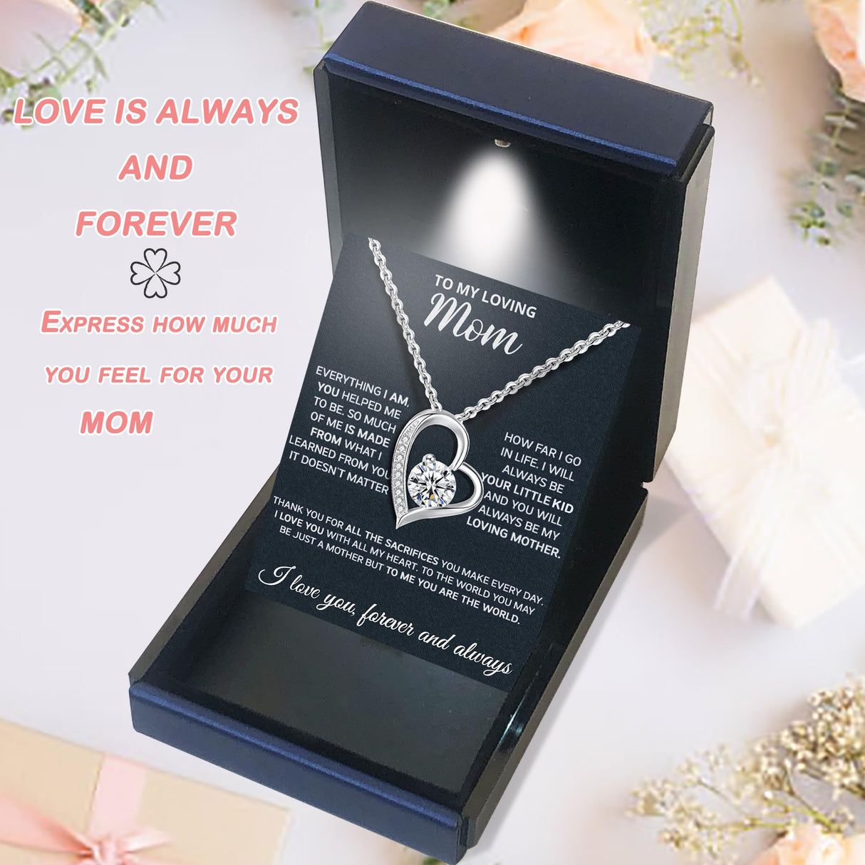 Mothers Day Gifts For Mom From Son Daughter Mom Necklace For Women New Mom Gifts Birthday Christmas Gifts With Heartfelt Message & Lighted Box (Sterling Silver, 682- loveheart01)