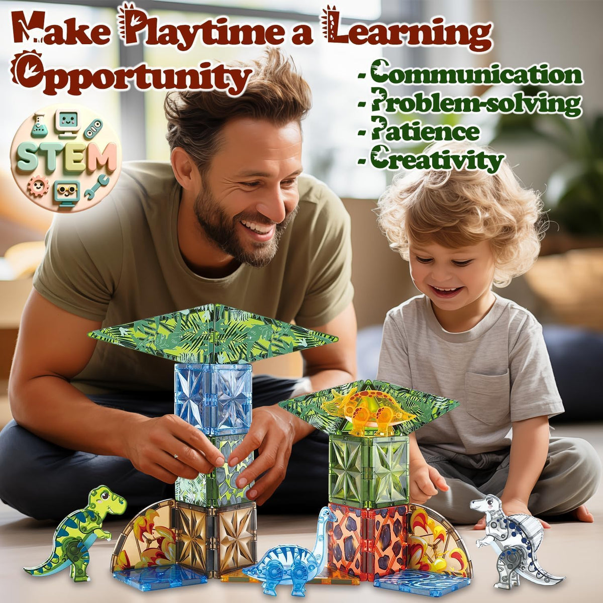 Little Pi Dinosaur Toys Magnetic Tiles, Building Blocks for Kids Ages 3+