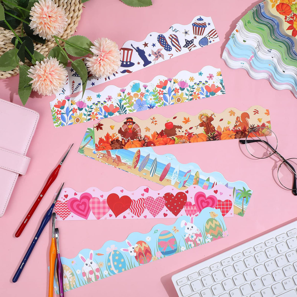 Geyee 360 Pcs Halloween Bulletin Board Borders Decorations Fall Thanksgiving Christmas Holiday Spring Easter Valentine Classroom Borders Bulletin Board Trim for Classroom School, 12 Design(Stylish)