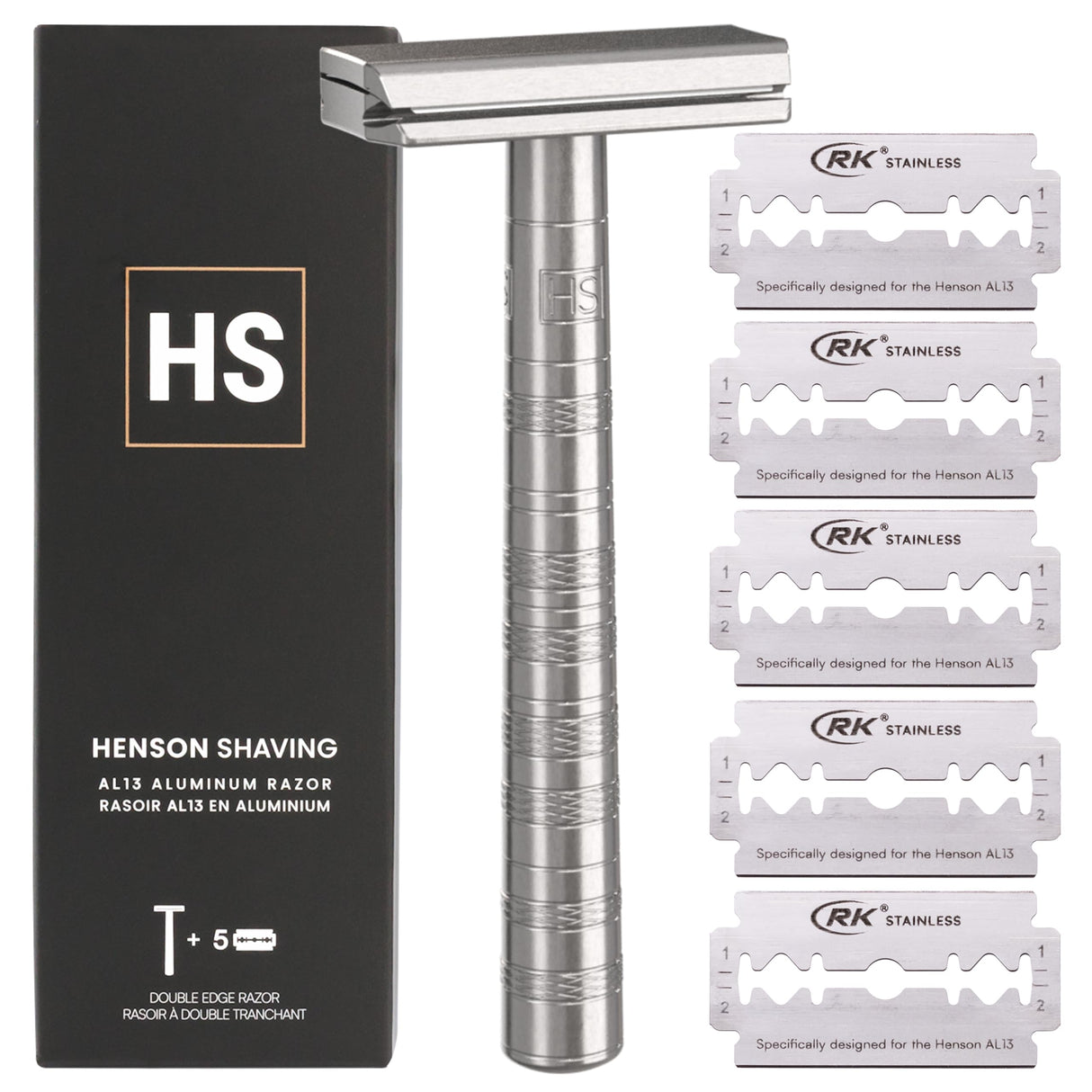 Henson Shaving Razor - Aluminum Double Edge Safety Razor with 5 Spare Blades - 30° Angled Precision With Superior Blade Rigidity- Reusable Single Blade Razors For Men and Women - Mild Aggression