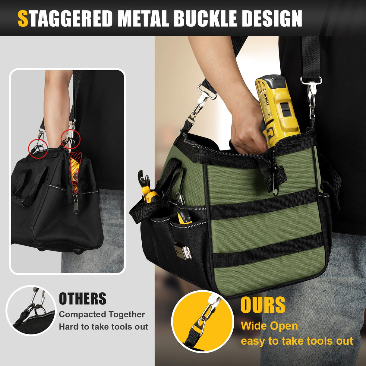 UUP Heavy Duty Tool Bag 15-Inch, 16-Pocket Portable Empty Tool Box Organizer, Big Storage Toolbox Organization, Soft Handle Large Zipper Carrying Toolbag, Father Day Gifts for Him Dad Men, Green
