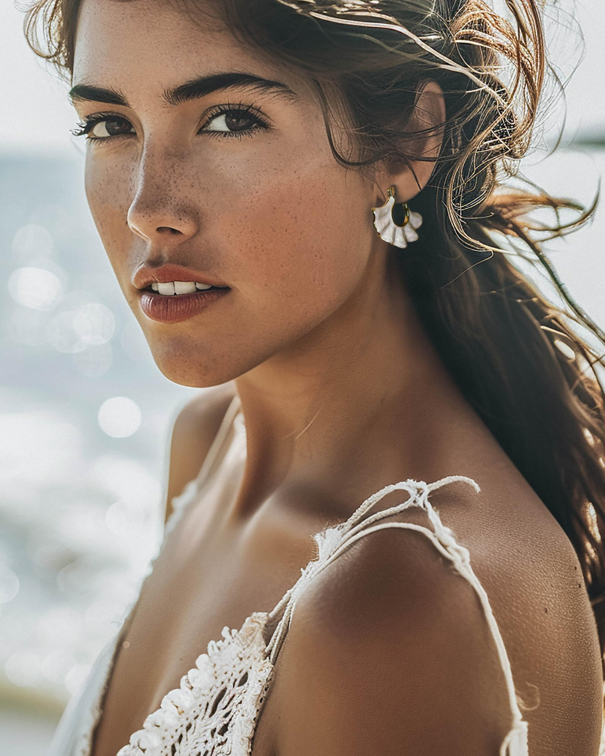 SNGIA 18K gold plated White Cream Enamel Flower Stud Statement Earrings for Women by SNGIA, Dainty Bold Retro Handmade Trendy Natural Sea Summer Boho Seashell Beach Fan Shape Summer Vacation Huggie Bohemian Jewelry Gifts Accessories