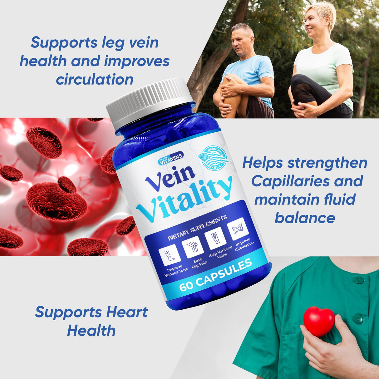 We Like Vitamins Vein Vitality 1250mg Diosmin Hesperidin Complex for Varicose Veins Treatment, Horse Chestnut, Butchers Broom, Bioflavonoids - Supports Blood Circulation for Leg Veins- 60 Capsules