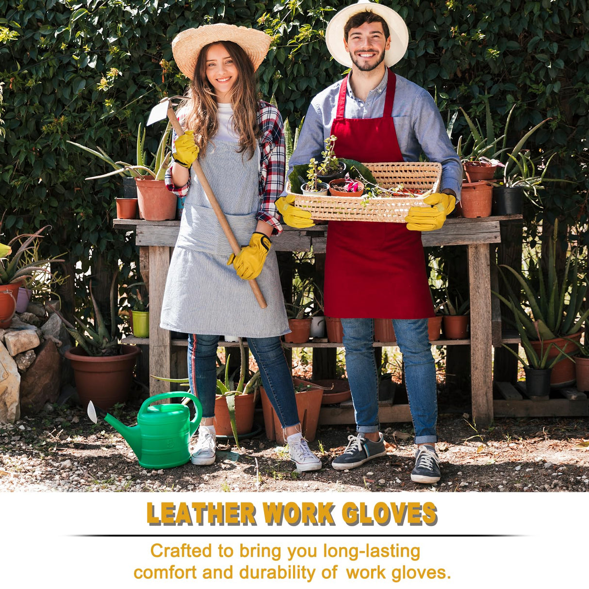 LOCCEF 2 Pairs Leather Work Gloves for Men and Women,Cowhide Leather Gloves Utility Working Gloves (Yellow, 9/L)