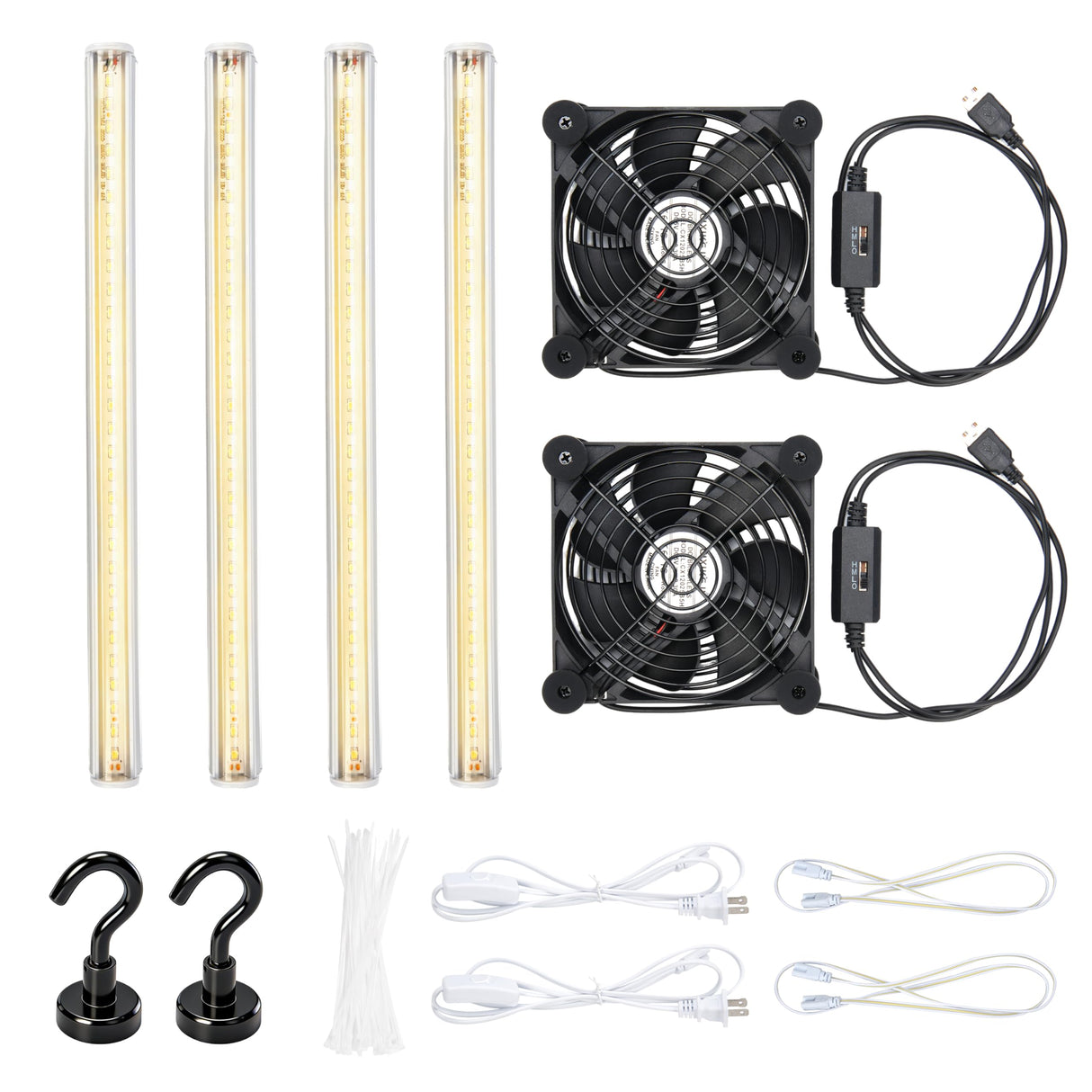 LUVCOSY 4 Pack T5 Grow Light Strips + 2 Pack USB Fans for Indoor Plants, Accessories Set for Indoor Greenhouse Cabinet for IKEA, Full Spectrum Sunlight Grow Lamp & Silent Portable Cooling Fan-ALL IN 1