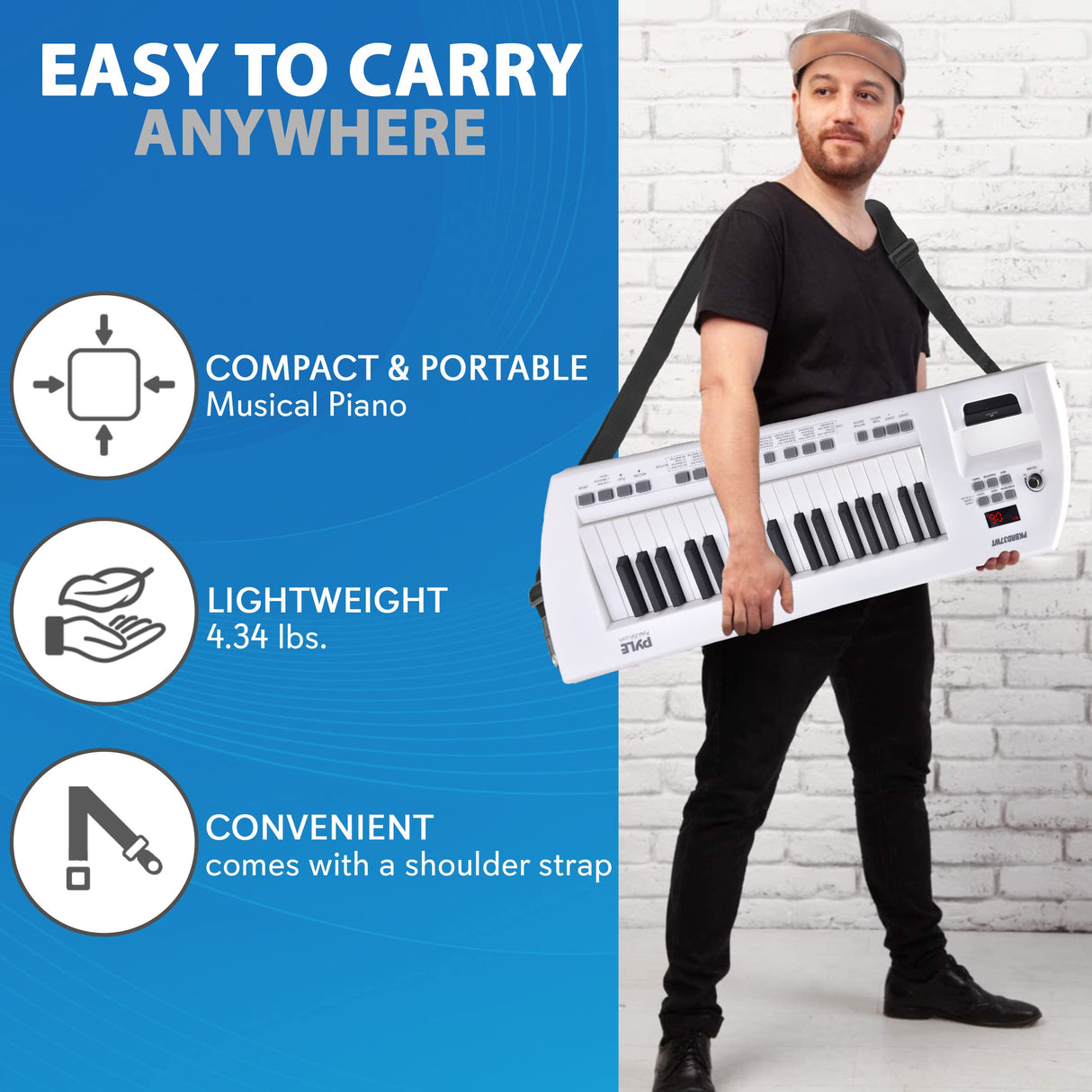 Pyle, Portable Digital Electronic Keyboard Piano 37 Keys with Microphone & Carry Strap, Built-in Sustain Controller, Rechargeable Battery-Karaoke Keyboard Compact Musical Keytar White