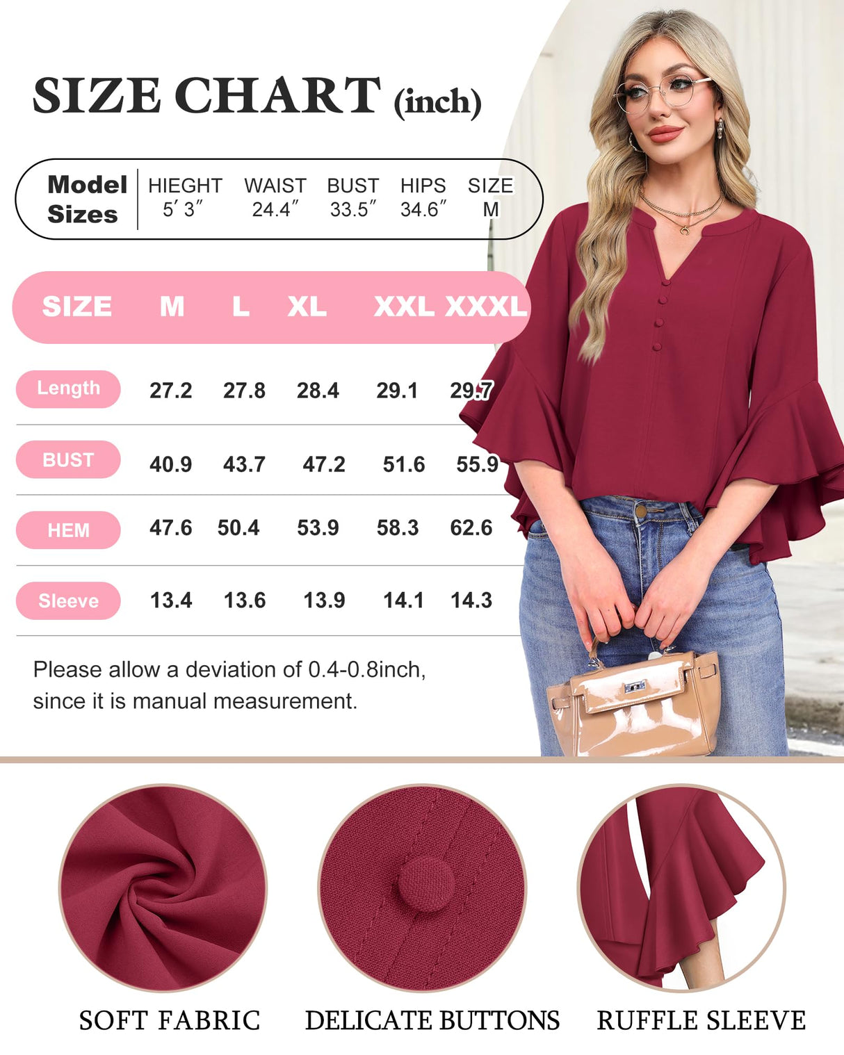 Bebonnie Womens Blouses Dressy Casual: Ruffle 3/4 Sleeve Button Down Shirts - Dinner Christmas Holiday Outfits - Dress Shirts Fancy Wedding Guest Evening Wear for Curvy Women Wine Red XL