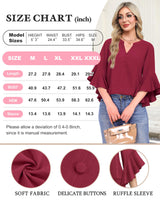 Bebonnie Womens Blouses Dressy Casual: Ruffle 3/4 Sleeve Button Down Shirts - Dinner Christmas Holiday Outfits - Dress Shirts Fancy Wedding Guest Evening Wear for Curvy Women Wine Red XL