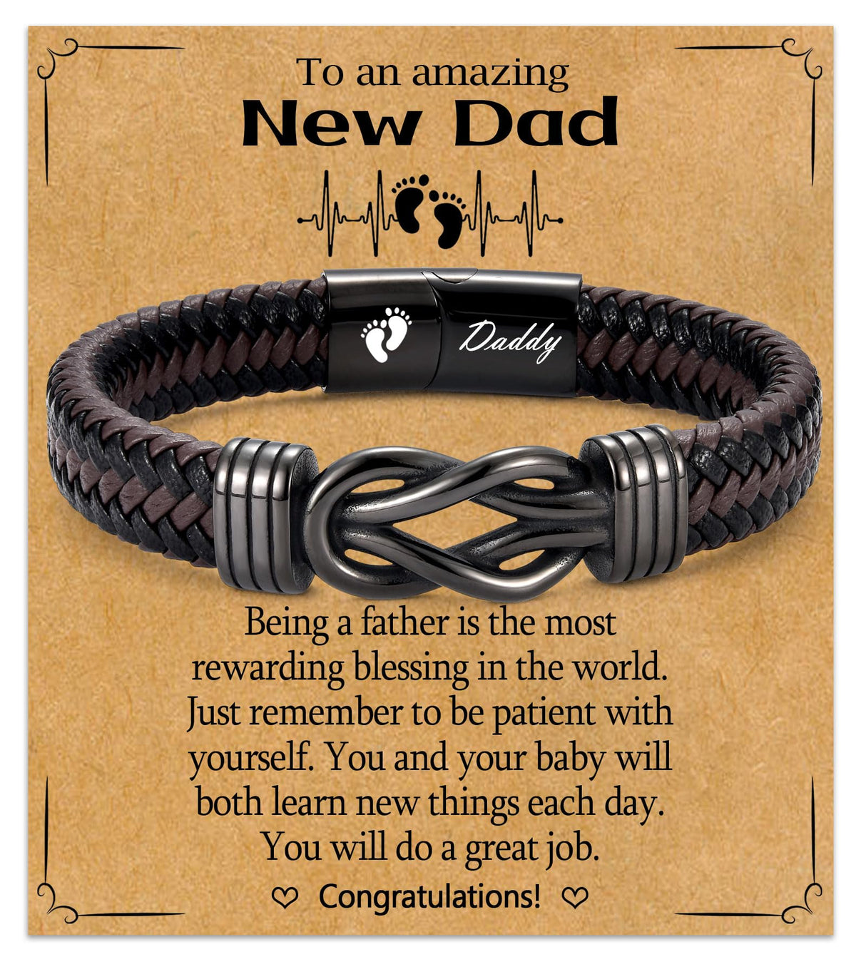 WIKHIA New Dad Gifts for Men, First Time Parents Gift Dad to Be Gift for Father's Day Birthday Christmas, Leather Bangle Bracelet for Daddy Him Husband