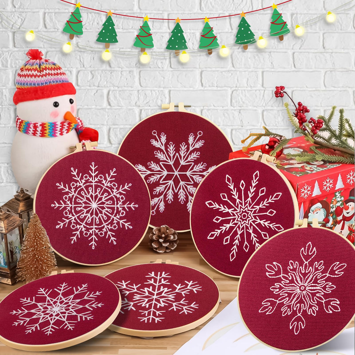 6 Sets Christmas Embroidery kit for Beginners Adults, Antique Red Christmas Ornament Kit Snowflakes Needlepoint Cross Stitch Kits with Patterns, Stitch Learning Kit with Needles Ropes Ribbon-Red