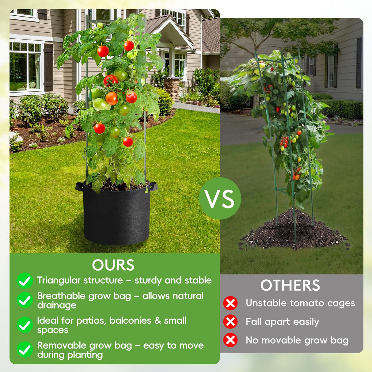 SOUNDVALUE 3 Pack Tomato Cage with 10 Gallon Grow Bag for Garden Balcony