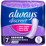 Always Discreet Adult Incontinence Pads for Women, Ultimate Extra Absorbency, Long Length, Postpartum Pads, 42 CT