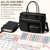 Large Bible Bag with Bible Cover Case for Women, Quilted Church Tote Bag Bible Carrying Case w/Shoulder Strap, Bible Study Supplies Journaling Kit Bible Accessories Christmas Christian Gifts for Women