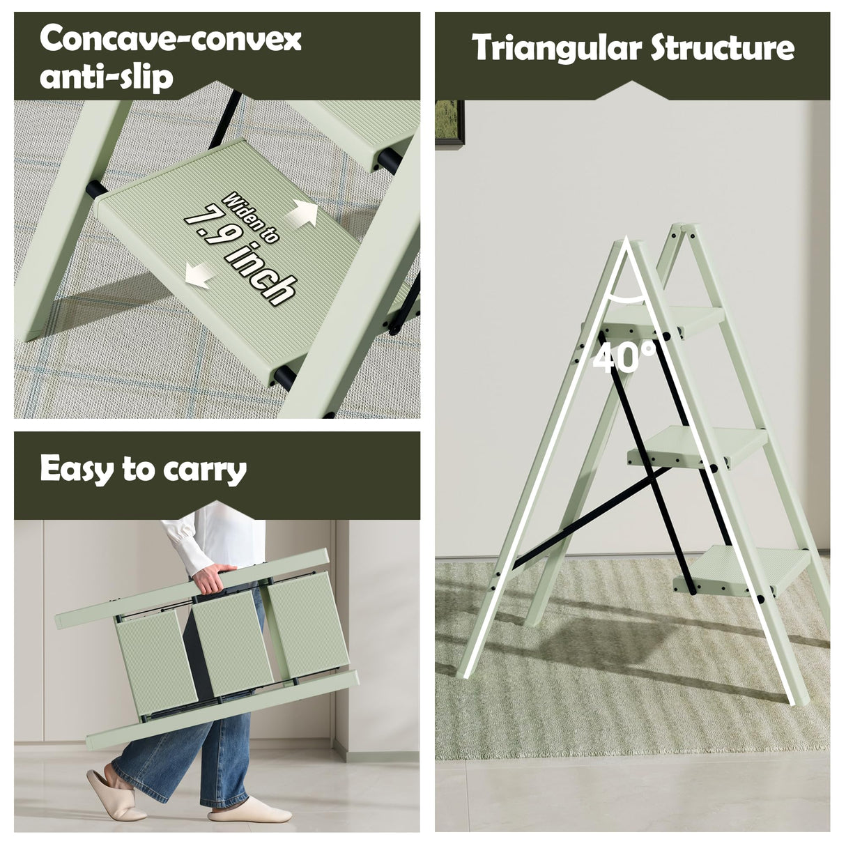 Taranta 3 Step Ladder,Aluminum Lightweight Folding 3 Step Stool with Anti-Slip Wide Pedal,330lbs Capacity Step Ladder for Household,Kitchen,Office - Fairyland Green