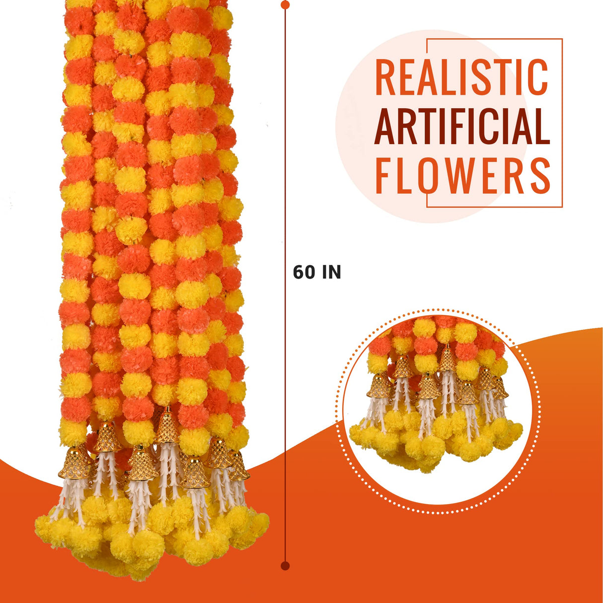 DIYANA IMPEX Marigold Garland for Decoration 5 Pcs of 5 feet Long Strands Artificial Marigold Flowers with Bell, Indian Décor for Pooja/Diwali Decorations/Christmas (Orange + Yellow)