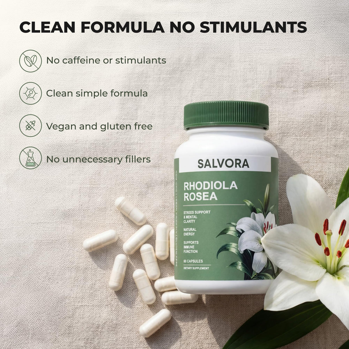Salvora Rhodiola Rosea Supplement – Golden Root Adaptogen Capsules - Rhodiola Rosea Extract Powder Alternative with Salidroside for Stress Support - Energy, Focus & Performance